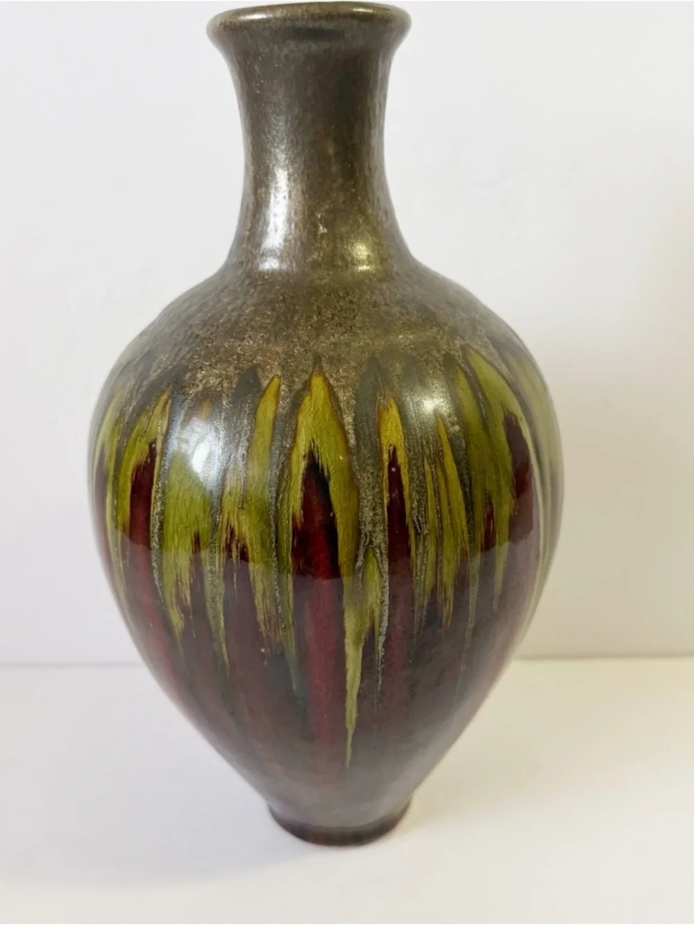 PIER 1 Flower Vase Large Moss Green Brown Drip Glaze Ceramic Glossy